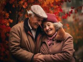 liefhebbend oud paar is genieten van een romantisch herfst dag ai generatief foto