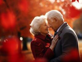 liefhebbend oud paar is genieten van een romantisch herfst dag ai generatief foto