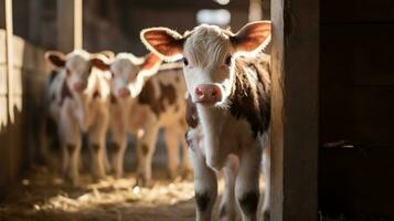 generatief ai, weinig kalveren op zoek Bij de camera Aan een boerderij, baby koeien foto