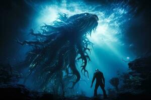 onbekend diep zee Leviathan aftekenen tegen een luminescent onderwater- backdrop foto