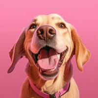 generatief ai, portret van een gelukkig hond op zoek Bij de camera met mond Open Aan roze achtergrond foto