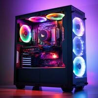 futuristische krachtig verlichting computer in neon licht, neon lichten gaming computer foto