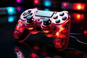 video spel controleur Aan een zwart achtergrond met neon lichten. dichtbij omhoog foto
