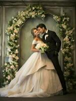 bruiloft backdrop achtergrond illustratie ontwerp, paar in liefde, huwelijk, bruid, generatief ai foto