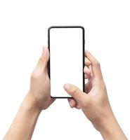 hand met smartphone op witte achtergrond met uitknippad foto