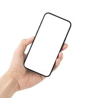 hand met smartphone geïsoleerd op een witte achtergrond met uitknippad foto