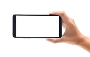 hand met smartphone leeg scherm geïsoleerd op witte achtergrond foto