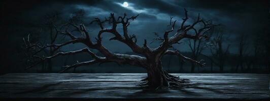 oud hout tafel en silhouet dood boom Bij nacht voor halloween achtergrond.. ai gegenereerd foto