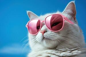 koel kat in zonnebril Aan levendig achtergrond foto