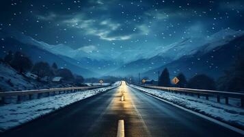 een foto van winter weg in de bergen Bij nacht met sneeuw en blauw lucht. generatief ai
