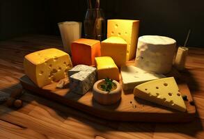 divers types van kaas Aan rustiek houten tafel. gemaakt met generatief ai foto
