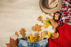 vlak leggen van vrouw stijl en accessoires, herfst mode tendens, visie van bovenstaande, reiziger kleding foto