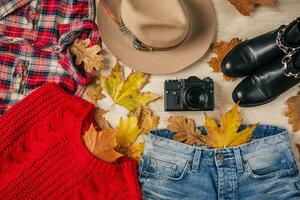 vlak leggen van vrouw stijl en accessoires, herfst mode tendens, visie van bovenstaande, reiziger kleding foto