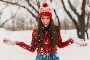 glimlachen vrouw hebben pret in winter park foto