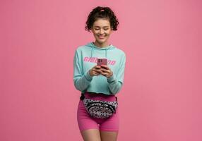 glimlachen gelukkig mooi vrouw in elegant sport- kleding poseren Aan roze achtergrond geïsoleerd in studio foto