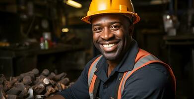 afro Amerikaans industrieel arbeider. concept van veiligheid maatregelen, geschoold arbeid en arbeidskrachten. foto