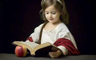 schattig weinig meisje lezing Bijbel boek. aanbidden Bij huis. foto