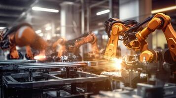 robots werken in een industrieel fabriek ai generatief foto