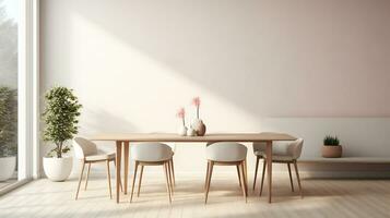 een dining kamer met een tafel en stoelen ai generatief foto