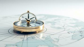 een goud kompas Aan top van een wereld kaart ai generatief foto