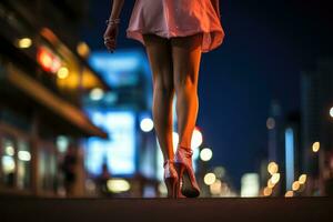 poten van een jong vrouw in hoge hakken schoenen in de stad Bij nacht, dichtbij omhoog foto van mooi vrouw poten in hoog hakken. nacht stad leven, ai gegenereerd
