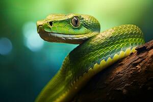 groen pit adder Aan een boom Afdeling in de regenwoud. detailopname van een stethoscoop Aan een medisch uniform, ai gegenereerd foto