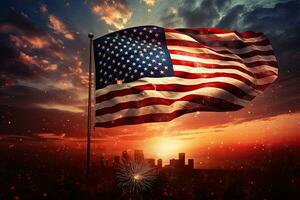 Verenigde staten van Amerika vlag golvend in de zonsondergang met stadsgezicht en vuurwerk, Amerikaans viering Verenigde Staten van Amerika vlag en vuurwerk Bij zonsondergang, ai gegenereerd foto