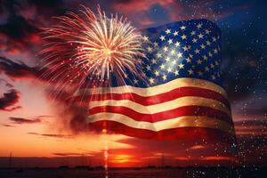 Verenigde Staten van Amerika vlag en vuurwerk Aan de achtergrond van de zee en de lucht, Amerikaans viering Verenigde Staten van Amerika vlag en vuurwerk Bij zonsondergang, ai gegenereerd foto