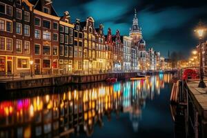 Amsterdam kanaal Bij nacht, Holland, nederland. stadsgezicht. Amsterdam stad verlichte gebouw en kanaal Bij nacht, nederland, ai gegenereerd foto