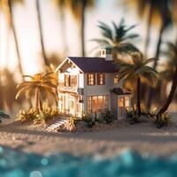 ai generatief een portret van een miniatuur huis in oceaan strand met palm bomen en golven foto