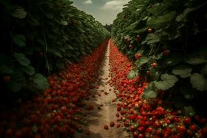 aardbei veld- oogst planten. genereren ai foto