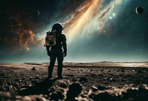 astronaut Aan een ijzig rotsachtig oppervlakte met de lucht gevulde met sterren en sterrenstelsels, ai-gegenereerd foto