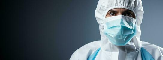 medisch specialist aandoen een ppe pak geïsoleerd Aan een helling wit achtergrond foto
