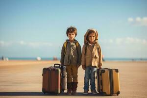 kinderen Holding bagage temidden van migratie dwingend achtergrond met leeg ruimte voor tekst foto