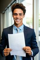 glimlachen immigrant Holding een geslaagd Visa toepassing geïsoleerd Aan een wit achtergrond foto