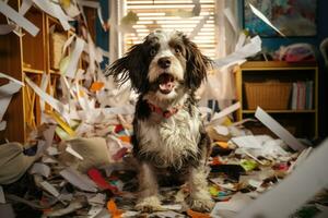 gelukkig hond aan het liegen in rommelig kamer. schade van huisdier. generatief ai foto