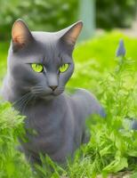 blauw kat met groen ogen in de tuin illustratie foto