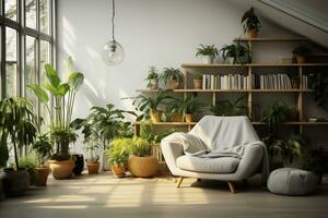 een schot van leven kamer interieur met bank, boekenplank en planten in potten generatief ai foto