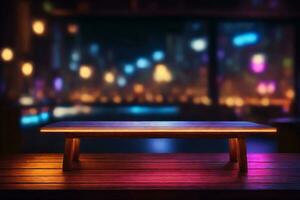 houten tafel, wazig bokeh achtergrond achtergrond. neon licht, nacht visie, detailopname. de algemeen achtergrond van de interieur, een donker achtergrond.. ai gegenereerd foto