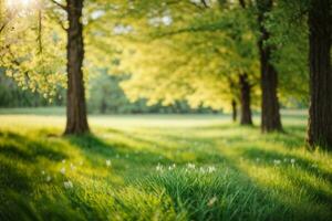 voorjaar natuur. mooi landschap. groen gras en bomen. ai gegenereerd foto