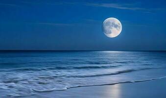 landschap schot van strand zee met vol maan reflectie. ai generatief foto