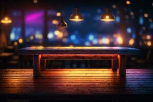 houten tafel, wazig bokeh achtergrond achtergrond. neon licht, nacht visie, detailopname. de algemeen achtergrond van de interieur, een donker achtergrond.. ai gegenereerd foto