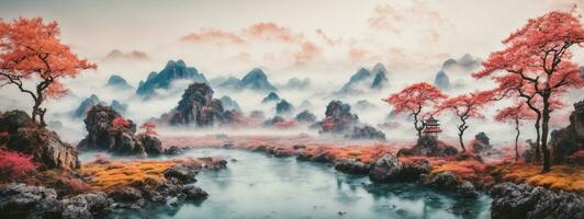 Chinese inkt en water landschap schilderen. ai gegenereerd foto