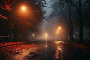 herfst mistig stad straat met weg en lantaarns. 3d weergave, een leeg verlichte land asfalt weg door de bomen en dorp in een mist Aan een regenachtig herfst dag, ai gegenereerd foto