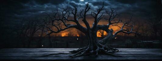 oud hout tafel en silhouet dood boom Bij nacht voor halloween achtergrond.. ai gegenereerd foto