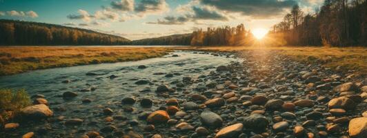 Woud rivier- met stenen Aan kusten Bij zonsondergang. ai gegenereerd foto