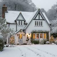 mooi land huisje versierd voor Kerstmis Aan een besneeuwd winter dag, vakantie en viering, generatief ai foto