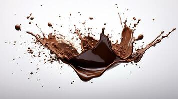 een laten vallen van donker chocola Aan een wit achtergrond kolken stromen van een Golf van chocola met druppels. foto