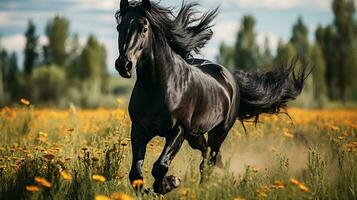 een zwart paard rennen Aan de breed gras foto