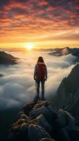 een vrouw Aan top van een berg top met visie van wolken en zonsopkomst foto